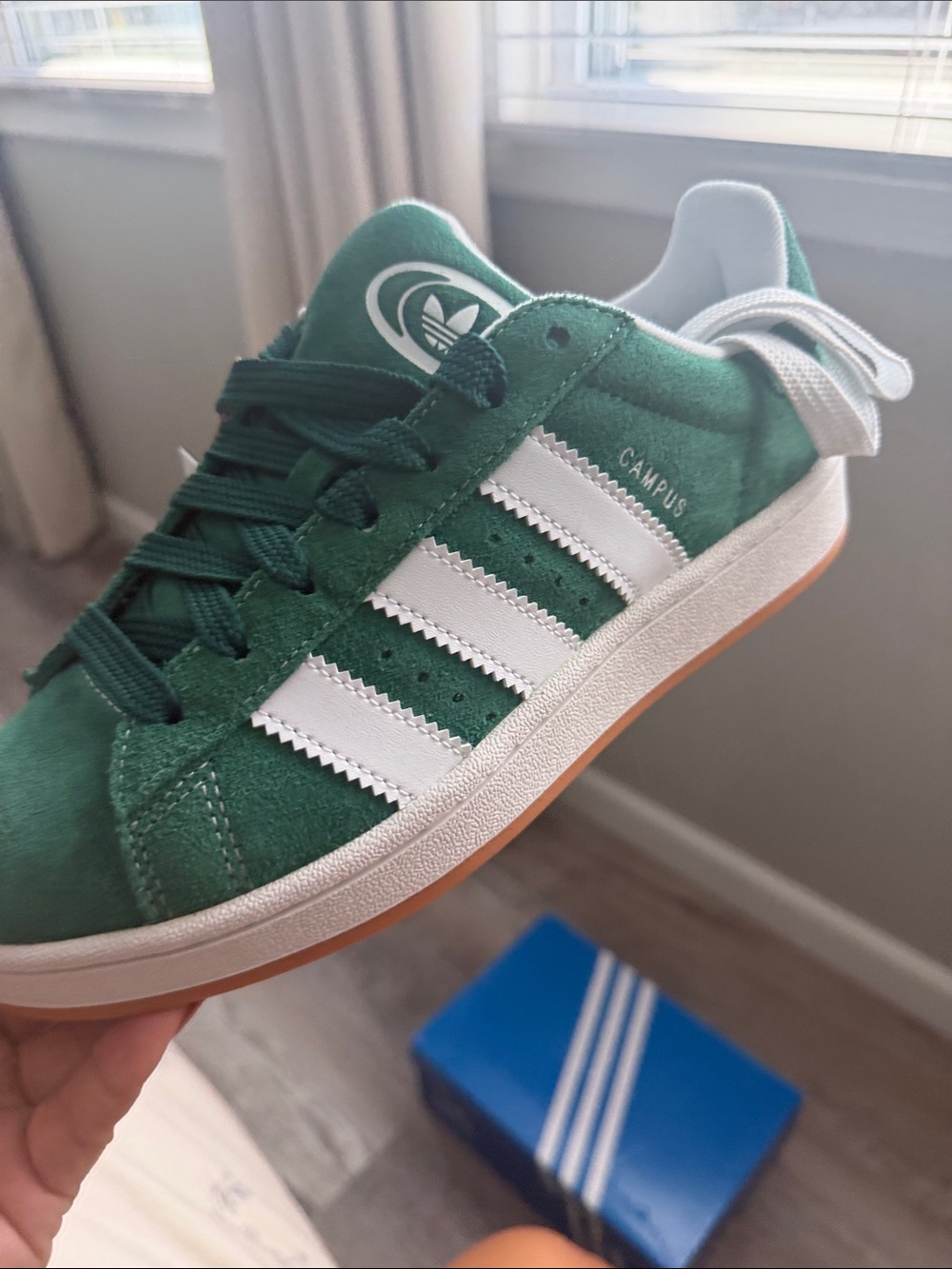 adidas Campus Suede Sneakers in Green and White with Gum Outsole